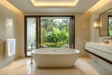 Luxurious White Bathtub in Modern Bathroom Setting