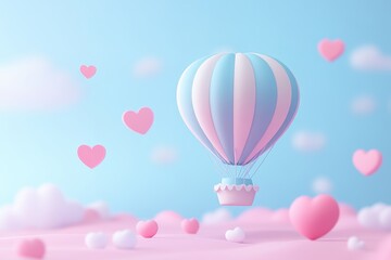 A vibrant hot air balloon adorned with hearts gracefully floats in the sky, symbolizing love and romance on Valentine's Day.