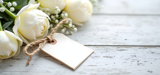 White Roses and Blank Tag on Rustic Wooden Background