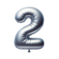 Silver color Number 2 Balloon, Shiny balloon shape party decoration, isolated on transparent cutout PNG