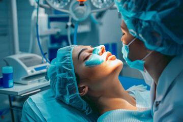 Focused surgical team prepares patient for cosmetic procedure in modern operating room