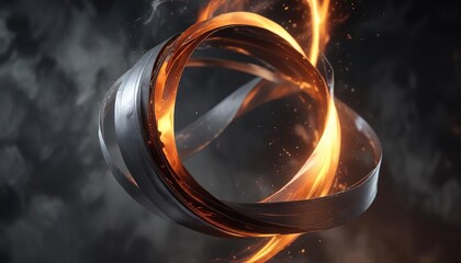 metallic ribbon swirling in a smoky fiery atmosphere, curved, ethereal