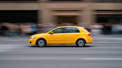 side view of yellow taxi driving through bustling city intersection with blurred pedestrians in background
