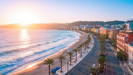 Obraz premium A picturesque coastal city bathed in sunset's golden glow, azure waters shimmering with reflected light. A curving road lined with palm trees and colorful, architecturally diverse buildings 