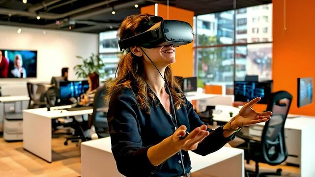 a woman wearing a VR headset in an office
