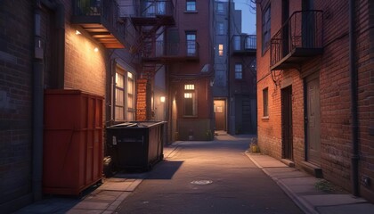 Narrow alleyway with a dumpster and a fire escape at dusk, urban landscape, shadowy atmosphere, dumpster