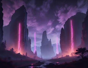 Nighttime landscape with towering glowing neon pillars looming over a foggy valley like giants , nighttime landscape, giants