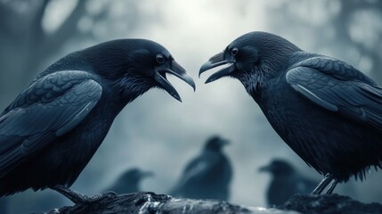 Obraz premium Two crows engage in a lively conversation on a misty morning, AI