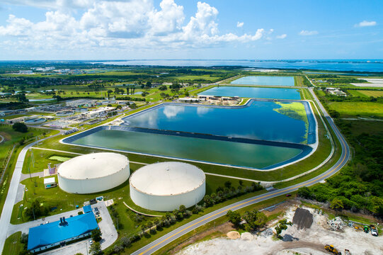 Modern lagoon waste water style sewage treatment plant in Bradenton Florida fl where normal household sewage is treated and filtered and recycled for future clean use