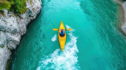 Kayaker navigates vibrant turquoise waters surrounded by rocky cliffs, AI