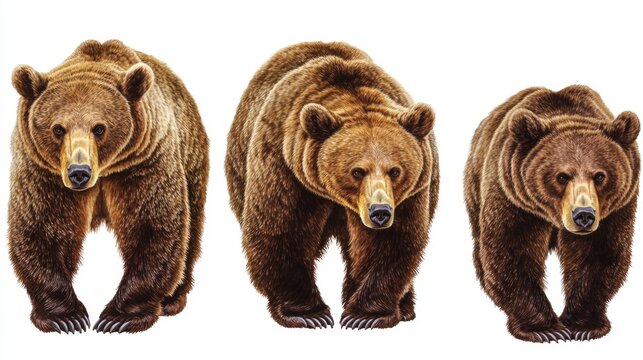 Three brown bears strolling together on a bright white background