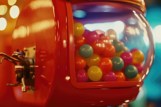 A colorful gum ball machine filled with various gumballs, perfect for a candy store or kid's party