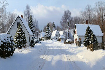 Naklejka premium A snowy street lined with houses and trees in a small town