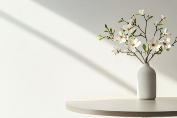 Minimalist decor with a vase of magnolia flowers on a white background and natural light