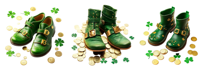 Set of A pair of stylish ankle boots with buckles resting on a mossy stone in the middle of a lush on transparent png background