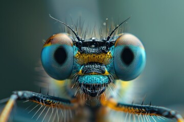 A detailed look at a bug's facial features, featuring bright blue eyes