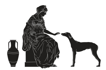 An ancient Greek woman in a tunic sits on a marble pedestal playing with a dog. A jug of wine and water stands nearby. Figure isolated on white background