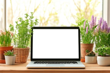 Laptop with blank screen surrounded by potted plants on a windowsill.
