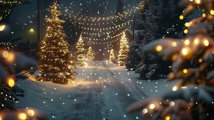 A snowy street lined with Christmas trees and twinkling lights in the evening