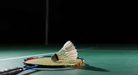 A badminton racket and shuttlecock resting on a court, with a blurred dark background, highlighting the sport's intensity and precision