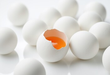 Broken white egg, revealing orange yolk among whole eggs on a white surface. Minimalistic food composition. Close-up photography for design and culinary concepts.