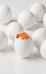 Broken white egg, revealing orange yolk among whole eggs on a white surface. Minimalistic food composition. Close-up photography for design and culinary concepts.