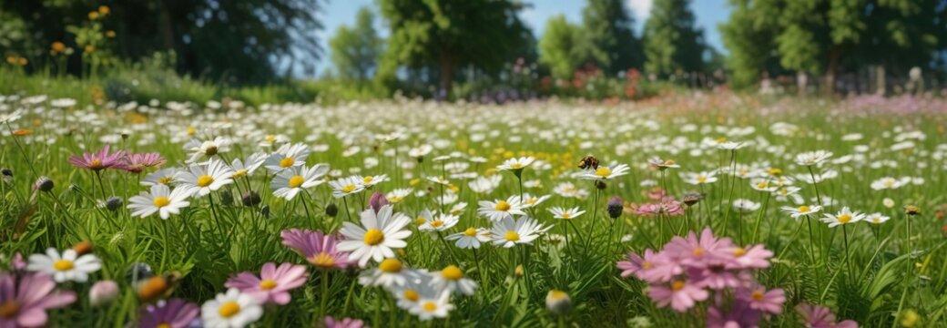 Small gatassaniye flowers and pyrethrum flowers blooming together in a beautiful garden landscape on the green lawn with butterflies and bees, garden landscape, pyrethrum, garden decor