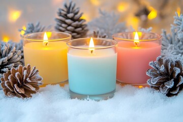 Colorful Candles Glow Warmly Among Frosted Pines