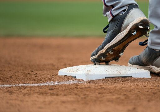 A shot of Cleats firmly Planted on First Base, dirt sprayed from a recent run