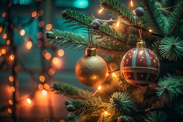 Close up view of  toys hanging on the Christmas tree branch. Festive background