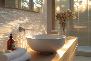 A bathroom sink sits under a mirror next to a shower, perfect for a bathroom interior design or real estate listing