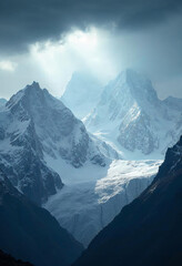 Majestic snow-capped mountains with rugged peaks, towering glaciers visible on the slopes, surrounded by dark storm clouds and shafts of sunlight breaking through the overcast sky.