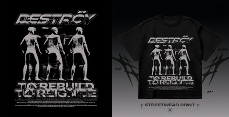 Streetwear blurred  people "DESTROY" silhouettes print. Street 3D grunge blurred print for t-shirt, hoodie and sweatshirt. Isolated on black background	