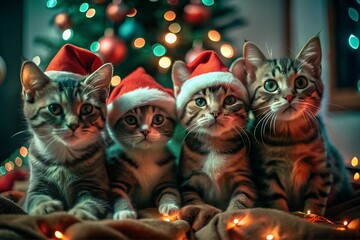 Group of cats wearing christmas red hats sitting near Christmas tree adorned with twinkling lights