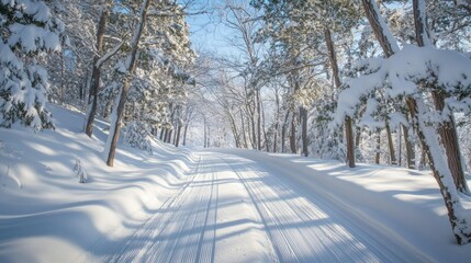 Obraz premium A Snowy Path Through a Forest of Snow-Covered Trees