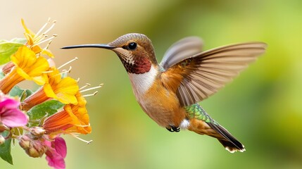 Fototapeta premium Captivating hummingbird in flight over a vibrant flower natures beauty captured