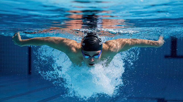 A professional swimmer diving deep into a clear blue pool wearing a black cap and blue goggles, surrounded by rising bubbles; the illuminated surface contrasts with the darker depths