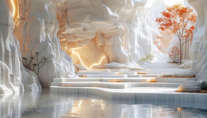A white cave with a river running through it and a tree in the middle