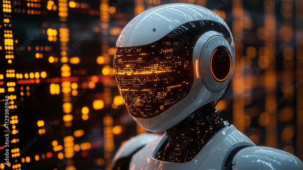 Poster ai robot automating data entry and analysis in a modern digital workspace during the evening