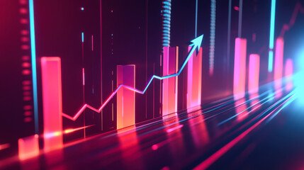 Bright neon financial growth chart depicting increase in business metrics and market trends in a futuristic setting