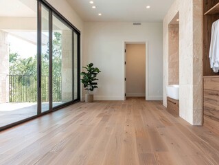 Obraz premium Modern bedroom with balcony access and hardwood floors