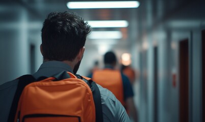 A group of individuals walking down a corridor with backpacks.
