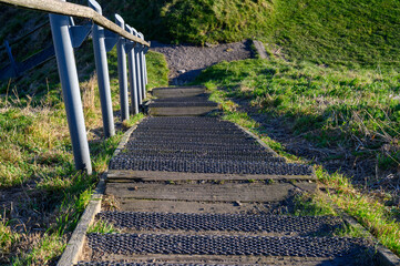 A pathway made of wooden steps extends downward, bordered by a metal railing and surrounded by lush...