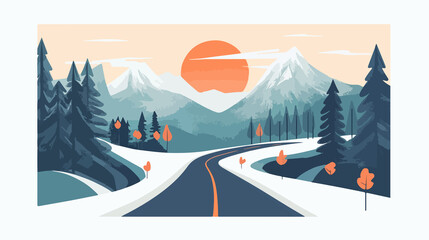 Serene Mountain Forest Road Landscape Illustration