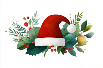 A red santa hat surrounded by holly leaves and berries