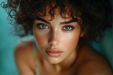 Fototapeta premium Young Woman Closeup Expressive Eyes Natural Makeup