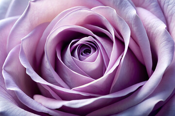 A close-up view of a lavender rose, showcasing its delicate petals and intricate spiral pattern.