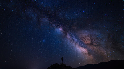 Breathtaking night sky with countless stars and a prominent galaxy, silhouetted person standing on...