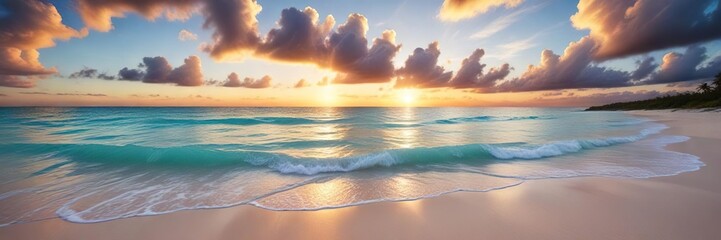 Obraz premium White sand beach at sunset with turquoise water and fluffy clouds, orange hues, white sand beach, pink sky