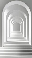Light flows through a serene white architectural passageway with arches and stairs